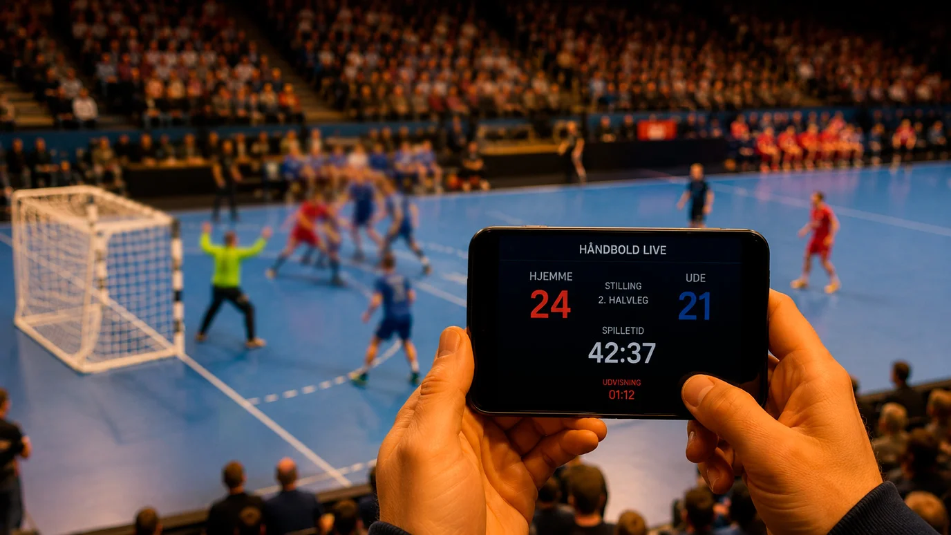 Smartphone viser en igangværende håndboldkamp på stadion