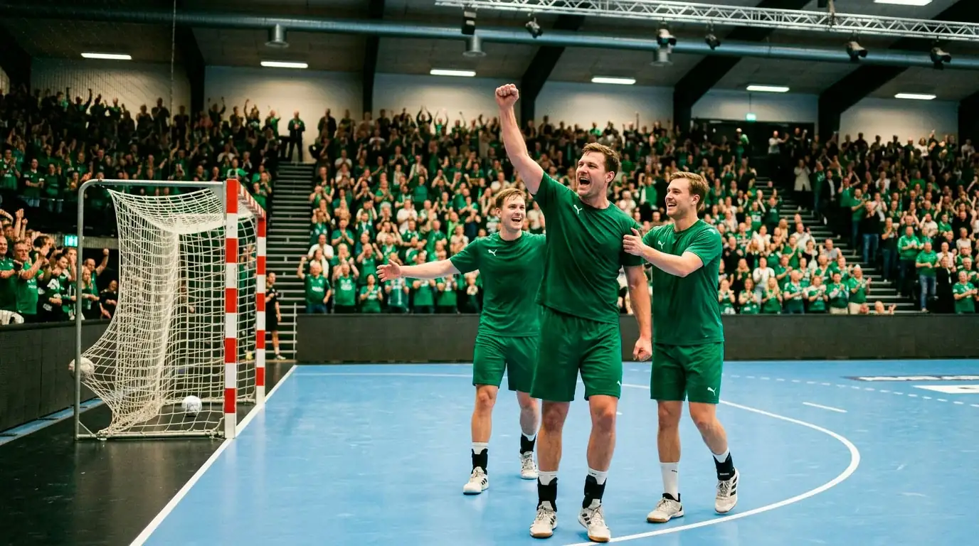 Spillere fra et dansk klubhold i grøn trøje fejrer mål under Håndboldligaen-kamp i pakket hjemmehal