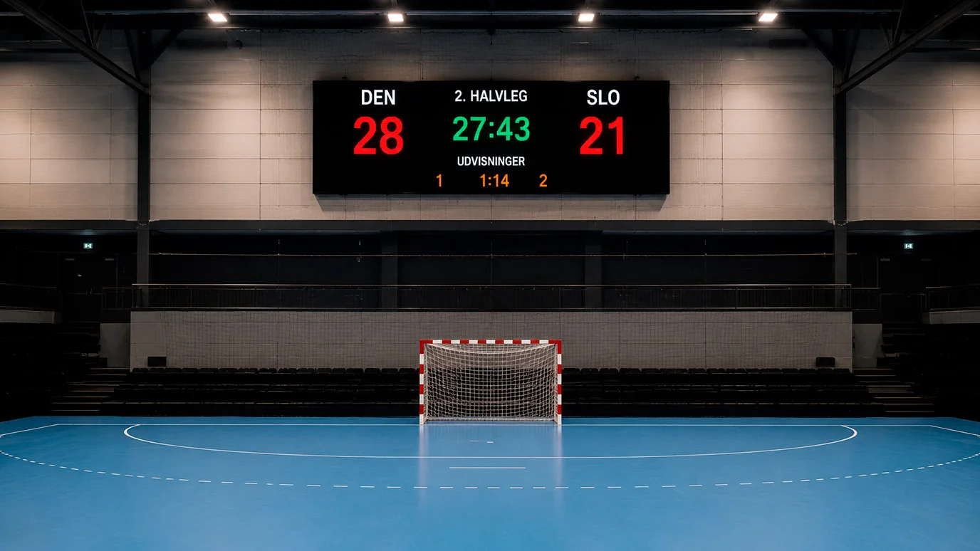 Resultattavle i håndboldhal viser kampens stilling — illustrerer hvordan handicap-linjer fungerer i praksis